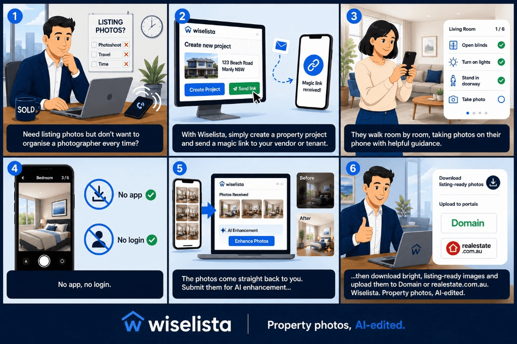 Wiselista storyboard: agent creates a project and sends a magic link; vendor photographs rooms on their phone with guidance; photos return for AI enhancement; agent downloads listing-ready images for Domain and realestate.com.au.